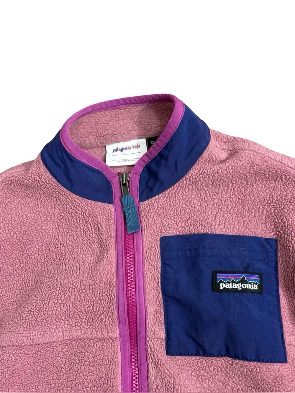 Patagonia Baby Synchilla Fleece Jacket Pink blue chest pocket and trim 12-18M